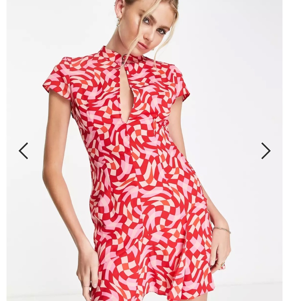 Asos Keyhole Front Mini Tea Dress In Pink And Red Geo Print-multi Us 4 Tags on